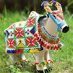 Shubh - Labh . शुभ लाभ | Wooden Cow Decorate With Glass Bead ( Single piece )