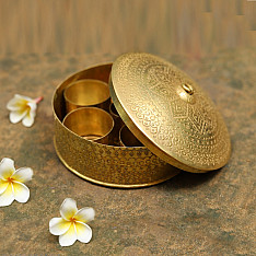 Ahar ✽ Brass ~ Spice box - Six jars inside  ( 6" x 6" x 3" Small Masala Daan )