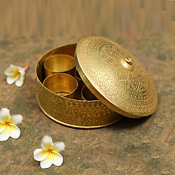 Ahar ✽ Brass ~ Spice box - Six jars inside  ( 6" x 6" x 3" Small Masala Daan )