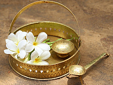 Ahar ✽ Brass ~ Flower Pooja Basket with Diya ( Set of Three ) - 1 ( Round Basket - 6.5" x 6.5" )