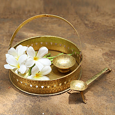 Ahar ✽ Brass ~ Flower Pooja Basket with Diya ( Set of Three ) - 1 ( Round Basket - 6.5" x 6.5" )