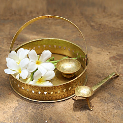 Ahar ✽ Brass ~ Flower Pooja Basket with Diya ( Set of Three ) - 1 ( Round Basket - 6.5" x 6.5" )