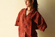 Linen Ajrakh Printed Unisex Shirt With Natural Dye