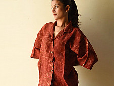 Linen Ajrakh Printed Unisex Shirt With Natural Dye