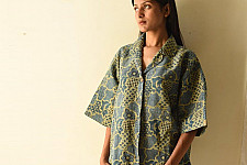 Linen Ajrakh Printed Indigo Shirt - Natural Dyed