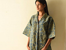 Linen Ajrakh Printed Indigo Shirt - Natural Dyed
