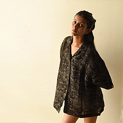 Linen Ajrakh Printed Black Shirt - Natural Dyed