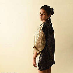 Linen Ajrakh Printed Black & White Shirt - Natural Dyed