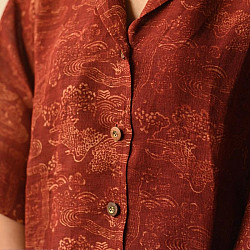 Linen Ajrakh Printed Red Unisex Shirt - Natural Dyed