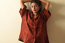 Linen Ajrakh Printed Red Unisex Shirt - Natural Dyed