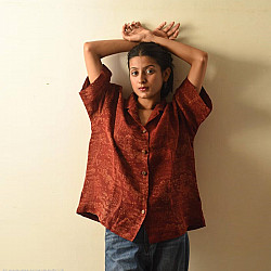 Linen Ajrakh Printed Red Unisex Shirt - Natural Dyed