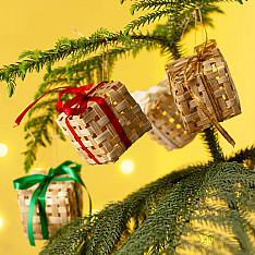 Venu . वेणु | Banboo Handcrafted -  Bamboo Gift Box Hanging | Set of 5 (Assorted Ribbons)