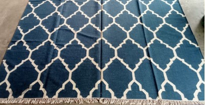 Handwoven Durri ( Wool by Cotton  9 X 12 Feet ) - Navy Blue