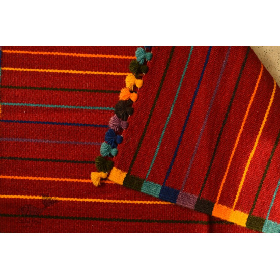 hand woven woolen durrie - Dark Red Striped