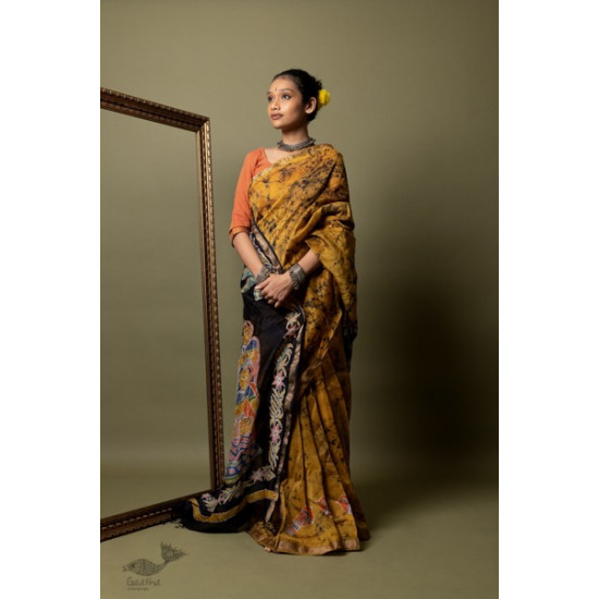 Yellow batik silk cotton handloom saree