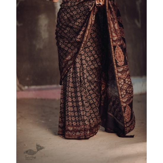 Ajrakh Silk Cotton Hand Block Printed black Saree