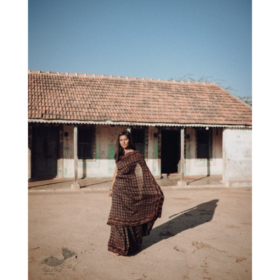 Ajrakh Silk Cotton Hand Block Printed black Saree