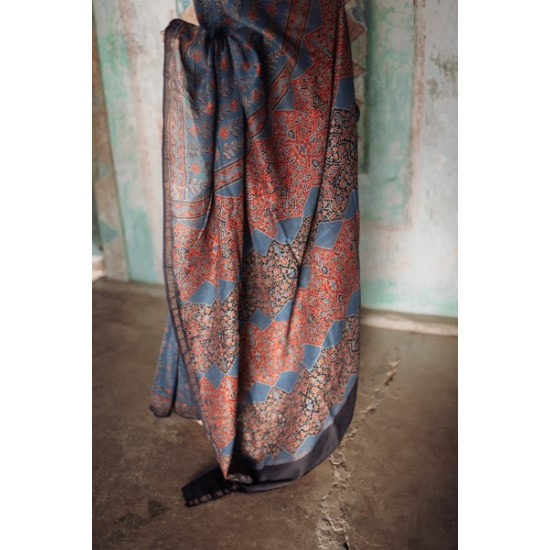 Ajrakh Silk Cotton Hand Block Printed Saree