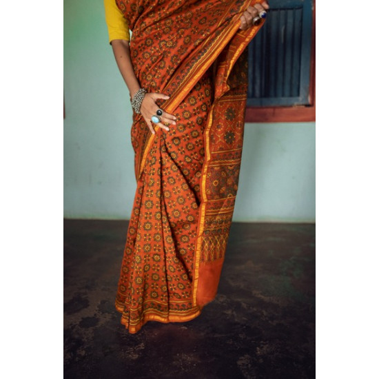 Ajrakh Silk Cotton Hand Block Printed orange Saree