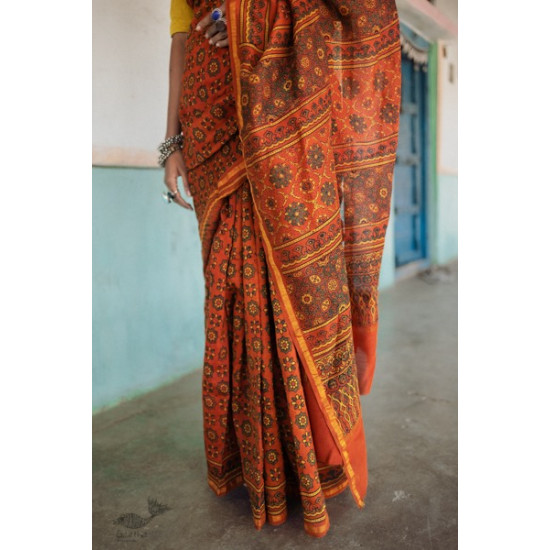 Ajrakh Silk Cotton Hand Block Printed orange Saree