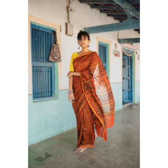 Ajrakh Silk Cotton Hand Block Printed orange Saree