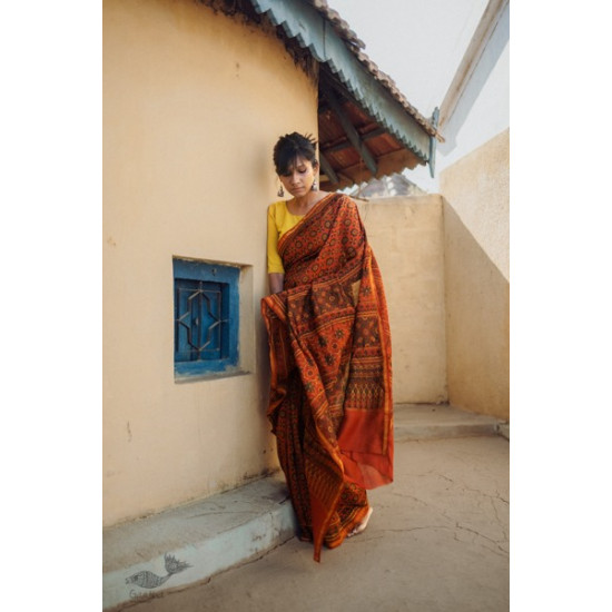 Ajrakh Silk Cotton Hand Block Printed orange Saree