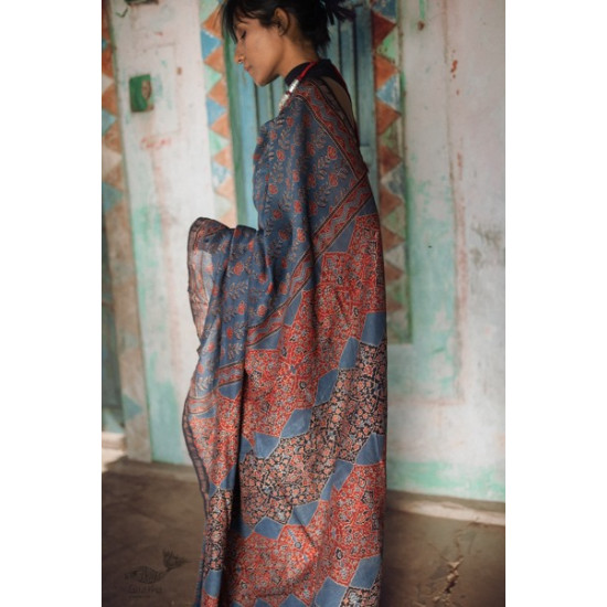 Ajrakh Silk Cotton Hand Block Printed Saree