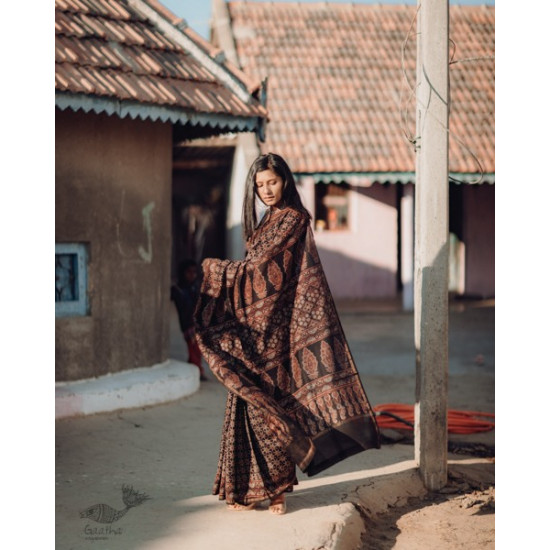 Ajrakh Silk Cotton Hand Block Printed black Saree