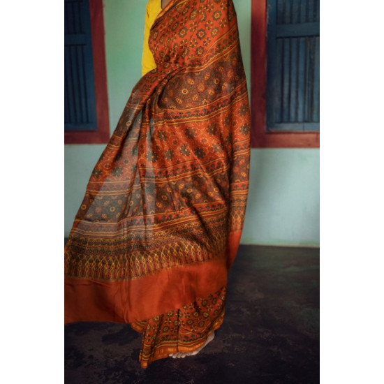 Ajrakh Silk Cotton Hand Block Printed orange Saree