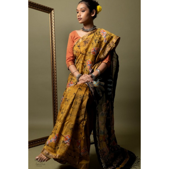 Yellow batik silk cotton handloom saree