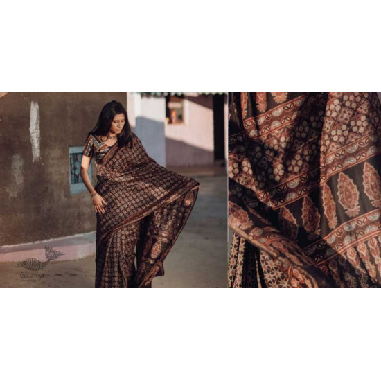 Ajrakh Silk Cotton Hand Block Printed black Saree