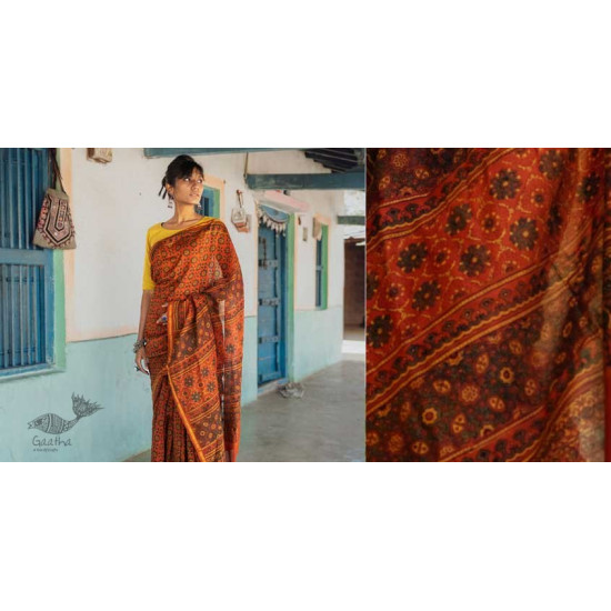 Ajrakh Silk Cotton Hand Block Printed orange Saree