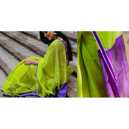 Silk cotton handloom saree - Parrot Green