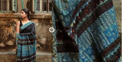 Kamya . काम्या | Cotton Ajrakh Applique Saree ~ Black