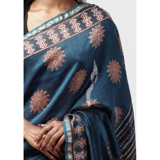 shop Cotton Silk Dabu & Pharad Block Printed Indigo Saree