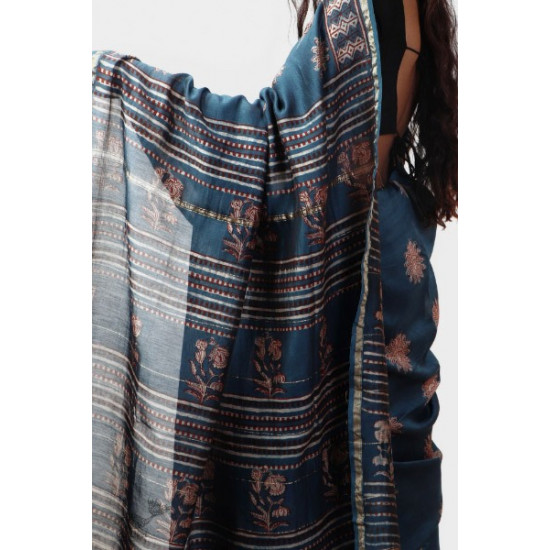 shop Cotton Silk Dabu & Pharad Block Printed Indigo Saree