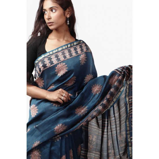 shop Cotton Silk Dabu & Pharad Block Printed Indigo Saree