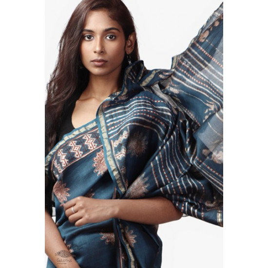 shop Cotton Silk Dabu & Pharad Block Printed Indigo Saree