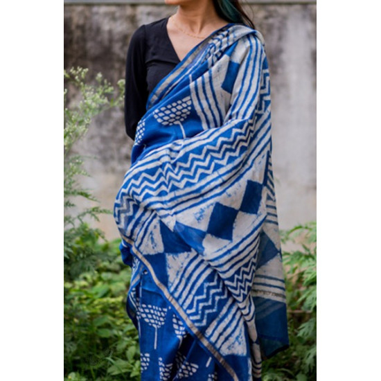 dabu hand block printed cotton silk indigo saree 