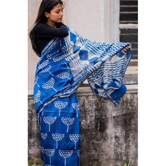 dabu hand block printed cotton silk indigo saree 