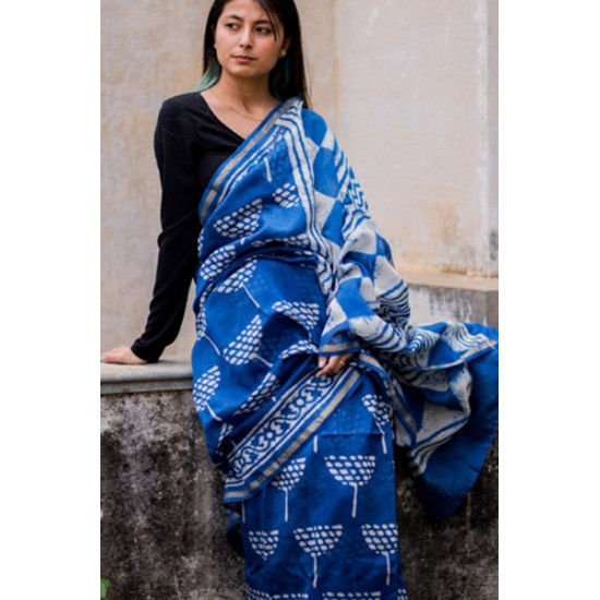 dabu hand block printed cotton silk indigo saree 