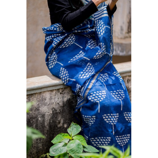 dabu hand block printed cotton silk indigo saree 