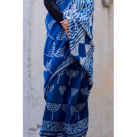 dabu hand block printed cotton silk indigo saree 