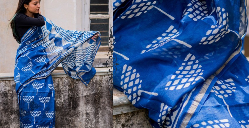 Buy cotton Silk Cotton indigo dabu hand block printed saree