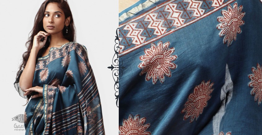 shop Cotton Silk Dabu & Pharad Block Printed Indigo Saree