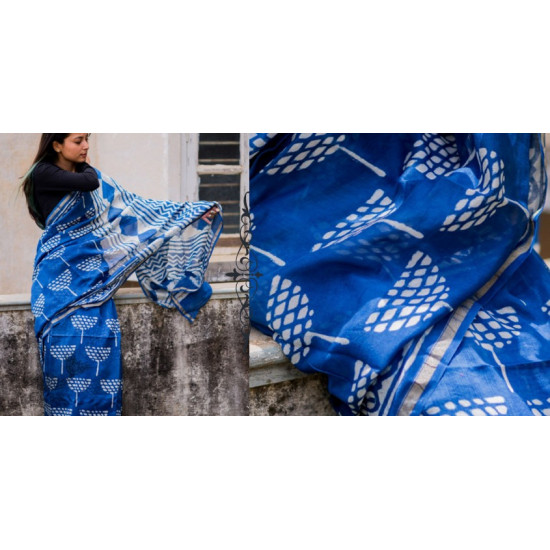 dabu hand block printed cotton silk indigo saree 