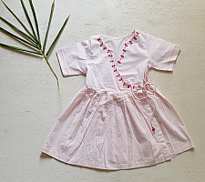 Little Karigari | Pure Cotton Embroidered - Light Pink Angarkha Style Frock