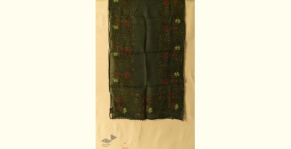 Block Printed Kota Cotton ✜ Embroidered Stole - Green