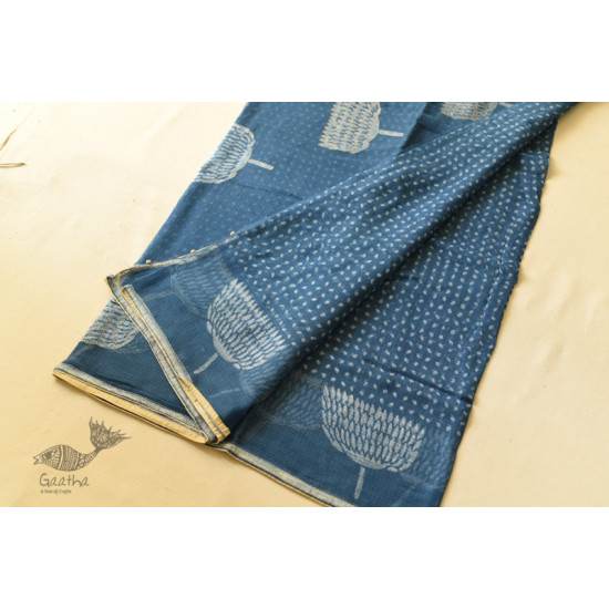 shop Block Printed Kota Cotton Embroidered Saree - Indigo Blue