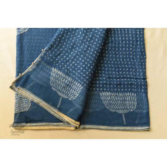 shop Block Printed Kota Cotton Embroidered Saree - Indigo Blue